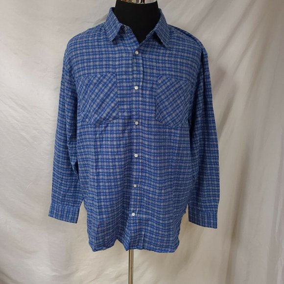 Vtg Haband Casual Joe Mens Large Blue Plaid Pearl Snap Long Sleeve Flannel Shirt - Picture 5 of 11